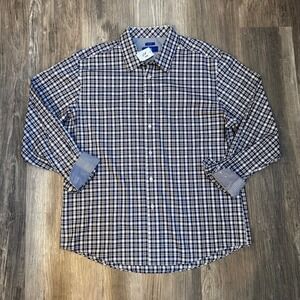 NWT EGARA Mens XXL Blue White Plaid Button Down Non Iron Dress Shirt Stretch